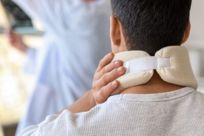 Patient wearing a cervical collar while a doctor reviews an X-ray, showing why prompt medical treatment is essential to the car accident settlement process.