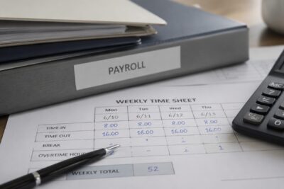 Payroll binder, weekly timesheet, and calculator used to review salaried employee overtime hours and wages.