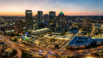 Aerial view of downtown Tampa at dusk showing the busy highways where Tampa car accidents frequently happen