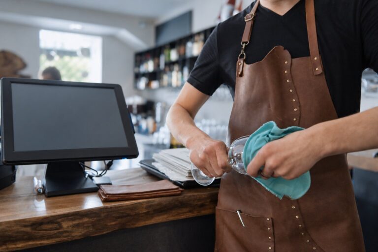 Hospitality employee polishing glassware behind a restaurant counter, illustrating a Florida minimum wage increase